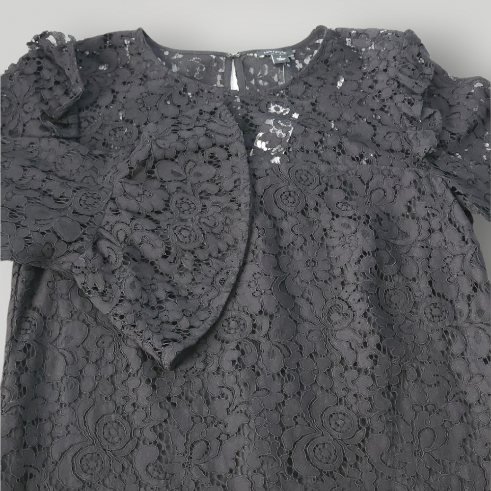 Ann Taylor Black Lace Illusion Shift Dress 4 Bell Sleeve Ruffle Shoulder New - Picture 4 of 10